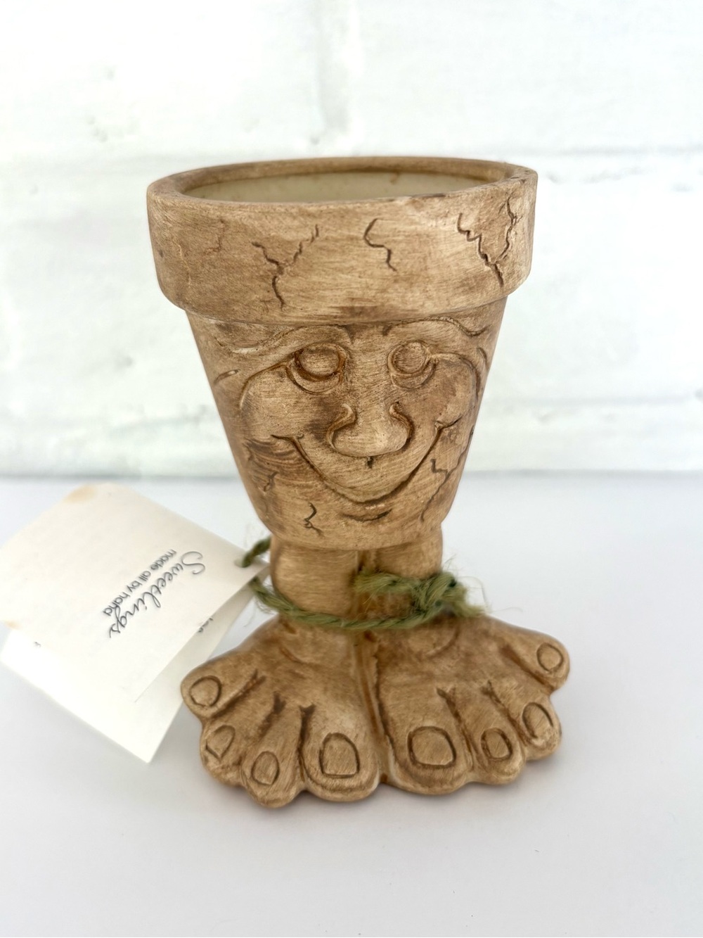 Rustic Smiling Face with Feet Pedestal Pottery Planter in Light Brown